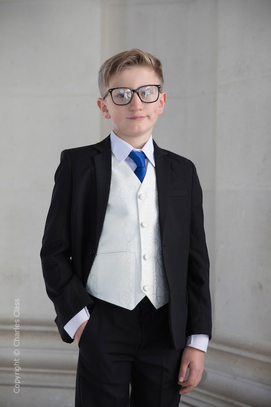 Boys Black & Ivory Suit with Royal Blue Tie - Roland